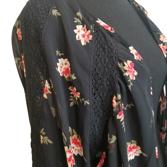 Express Women's Black Floral Sheer Kimono Cardigan Open Front 3/4 Sleeve Size L - Picture 6 of 9